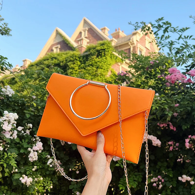 Orange Envelope Handbag Designer Metal Ring Evening Bags Purses Clutch With Chain Fashion Party Purse Shoulder Bag Dropshipping