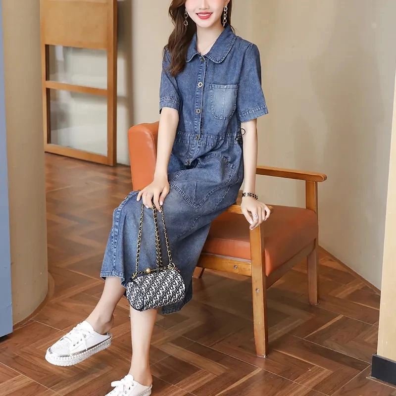 Denim Dress Women 2023 Summer New Vintage Loose Washed Jeans Dresses Female Draw Rope Retraction Waist Large Size Long Skirt