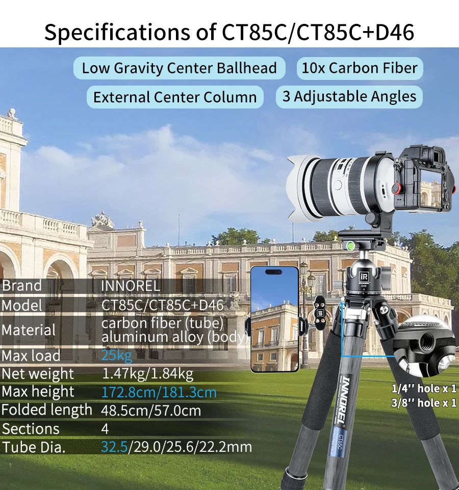 INNOREL CT75C/85C Kohlefaser-Stativ für DSLR-Kamera, robuster Ständer, Kugelkopf mit geringer Schwerkraft und verstellbarer Mittelsäule – Detail 3