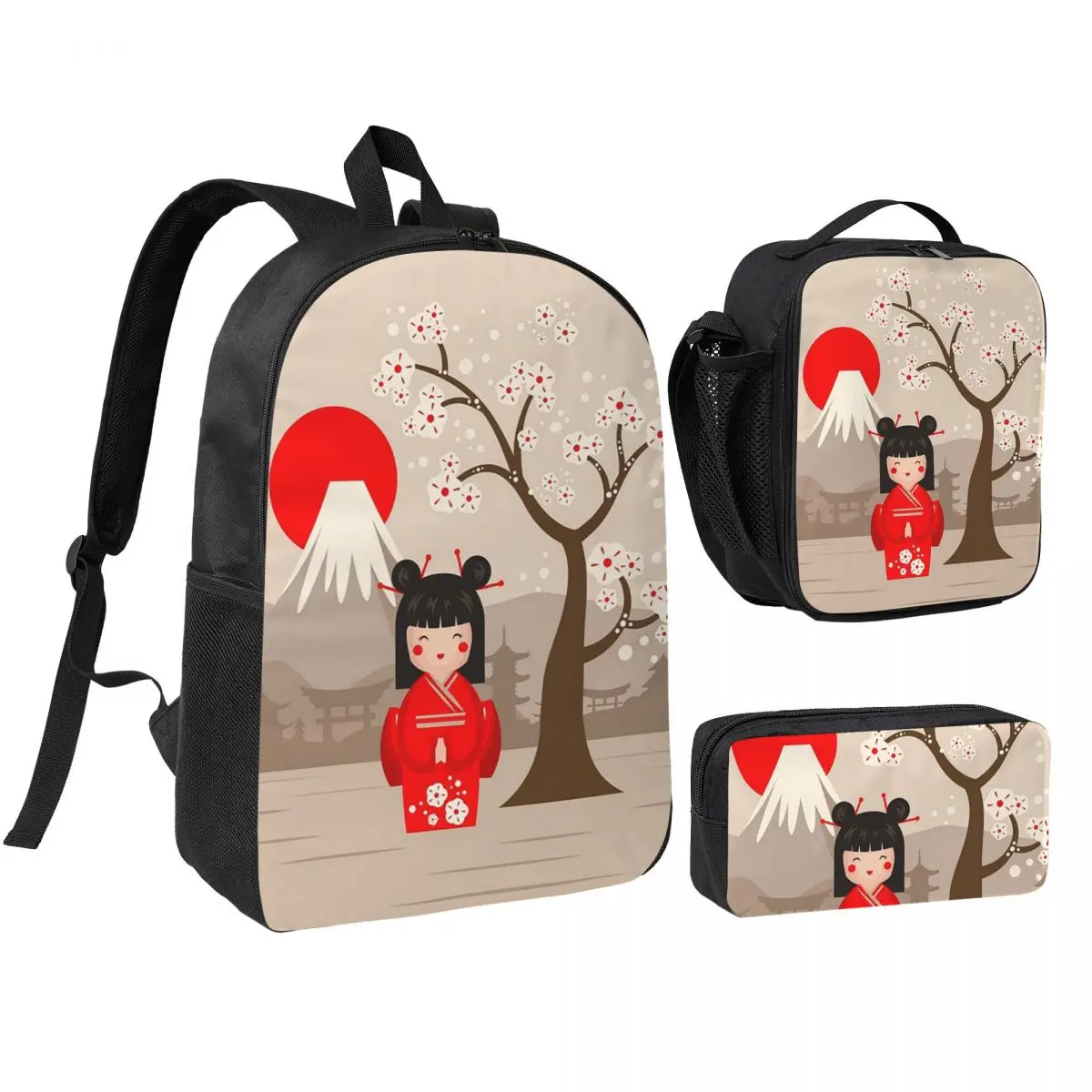 

Sakura Japanese Girl Kokeshi Doll Backpack Student BookBag School Bag Laptop Shoulder Bags 3ps Insulated Lunch Bag Pencil Case