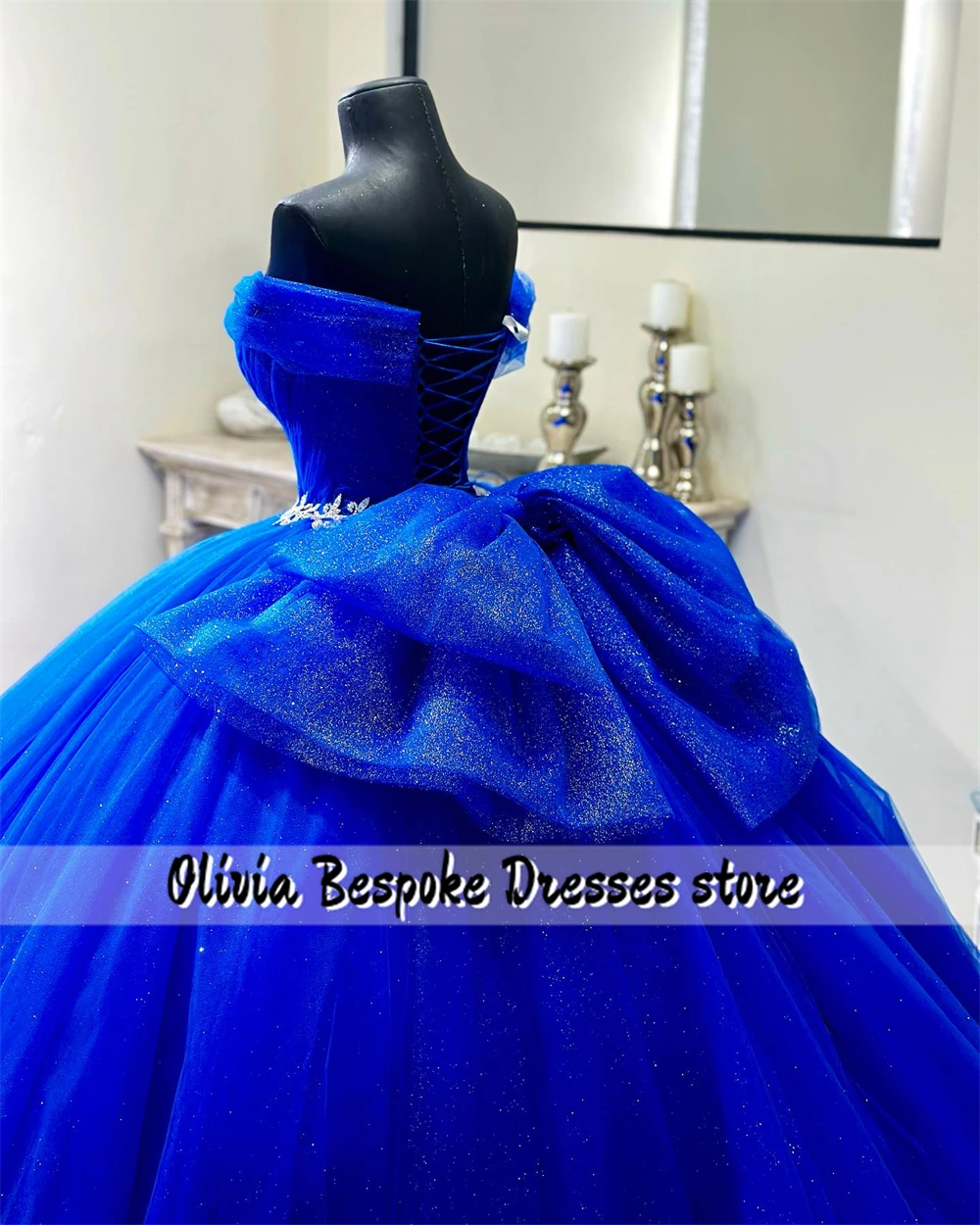 King Blue Tulle Ruched Train Quinceanera Dresses With Bow Silvery Waist Ball Gown Mexico vestidos de 15 años quinceañeras 2024