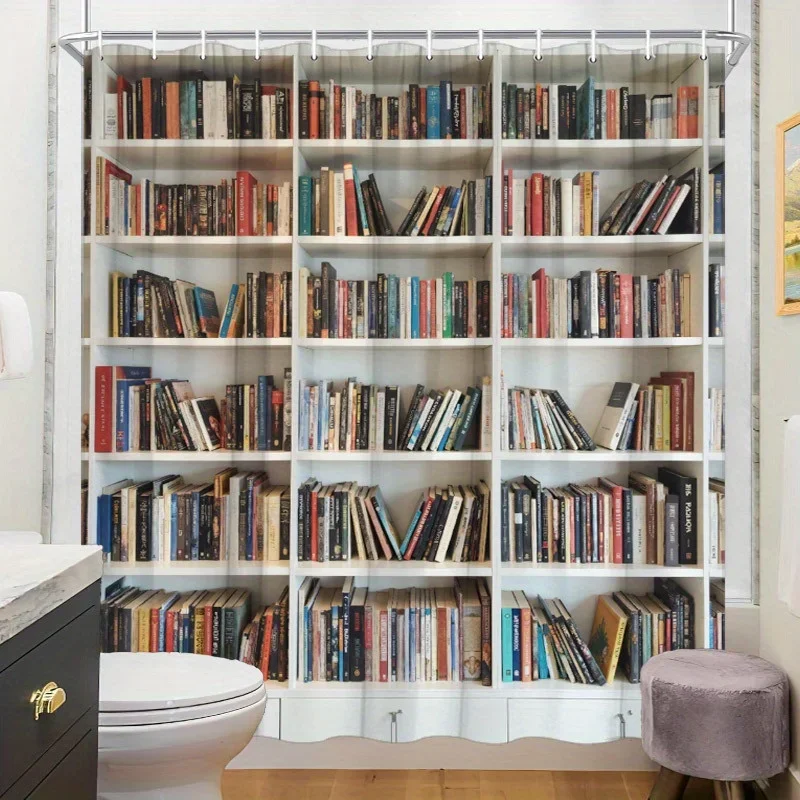 1pc Stylish Bookshelf Shower Curtain - Minimalist Library Design, Vibrant Spines, Polyester, 12 Hooks, Washable