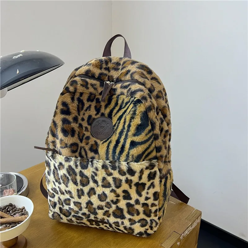 Women Preppy Leopard Fluffy Backpacks Large Capacity Autumn Winter 2024 Faux Fur Students School Bag Vintage Commuter Backpack