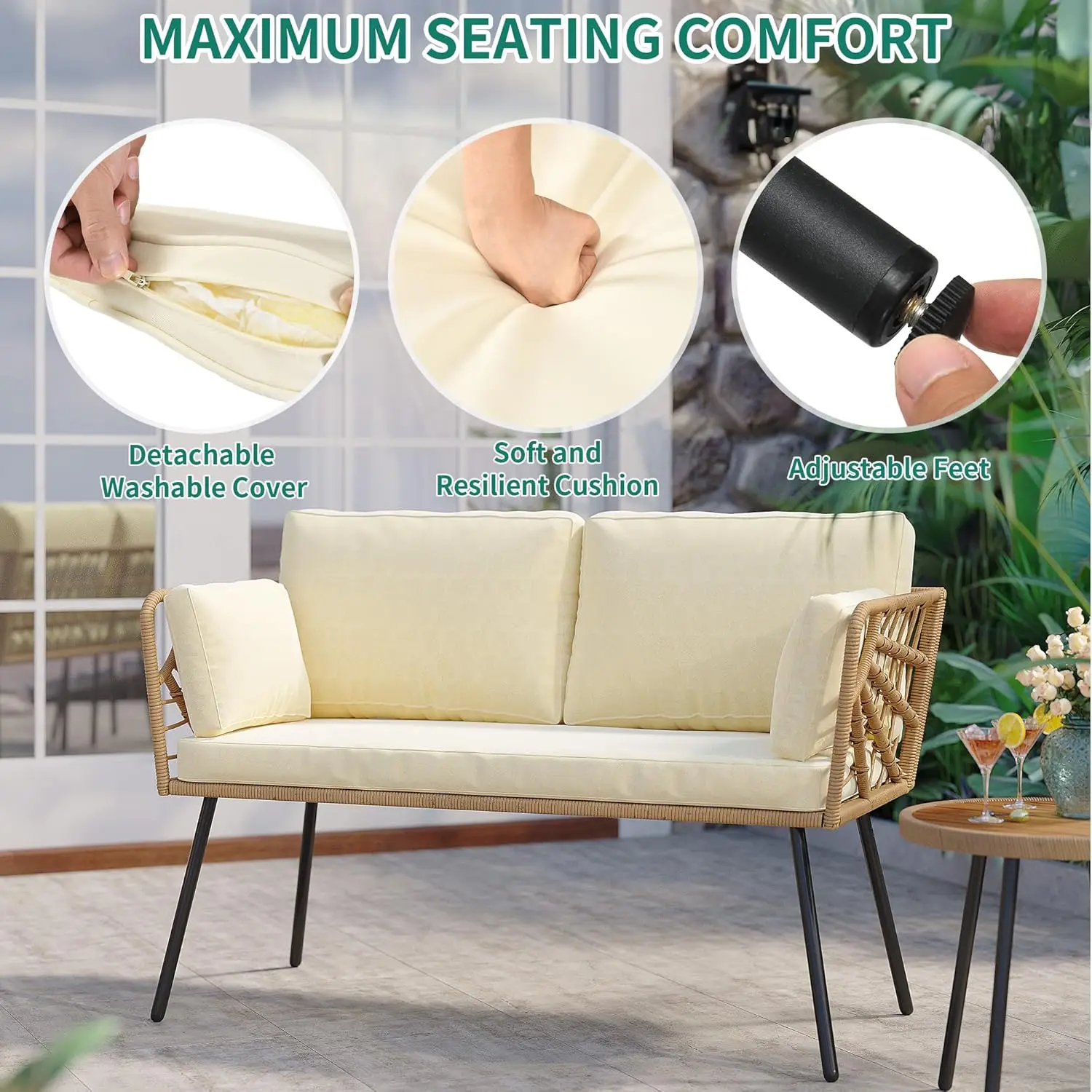 Wicker Outdoor Loveseat, All-Weather Pátio Sofá, Mobiliário Seccional Conjunto com Mesa e Almofadas