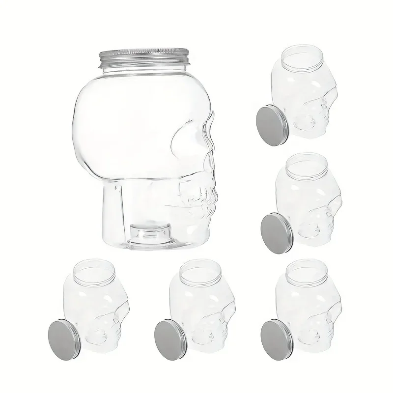 New Arrival 6PC Transparent Empty Plastic Bottles with Lids Skull-shaped Decorative Bottles Suitable Halloween Party Supplies
