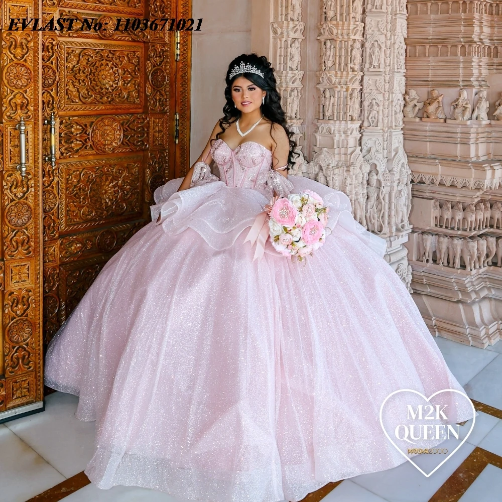 EVLAST Dostosowana różowa wielowarstwowa suknia balowa na quinceanera Kwiatowa aplikacja z koralikami Gorset z kokardą Sweet 16, Vestidos De 15 Anos SQ758