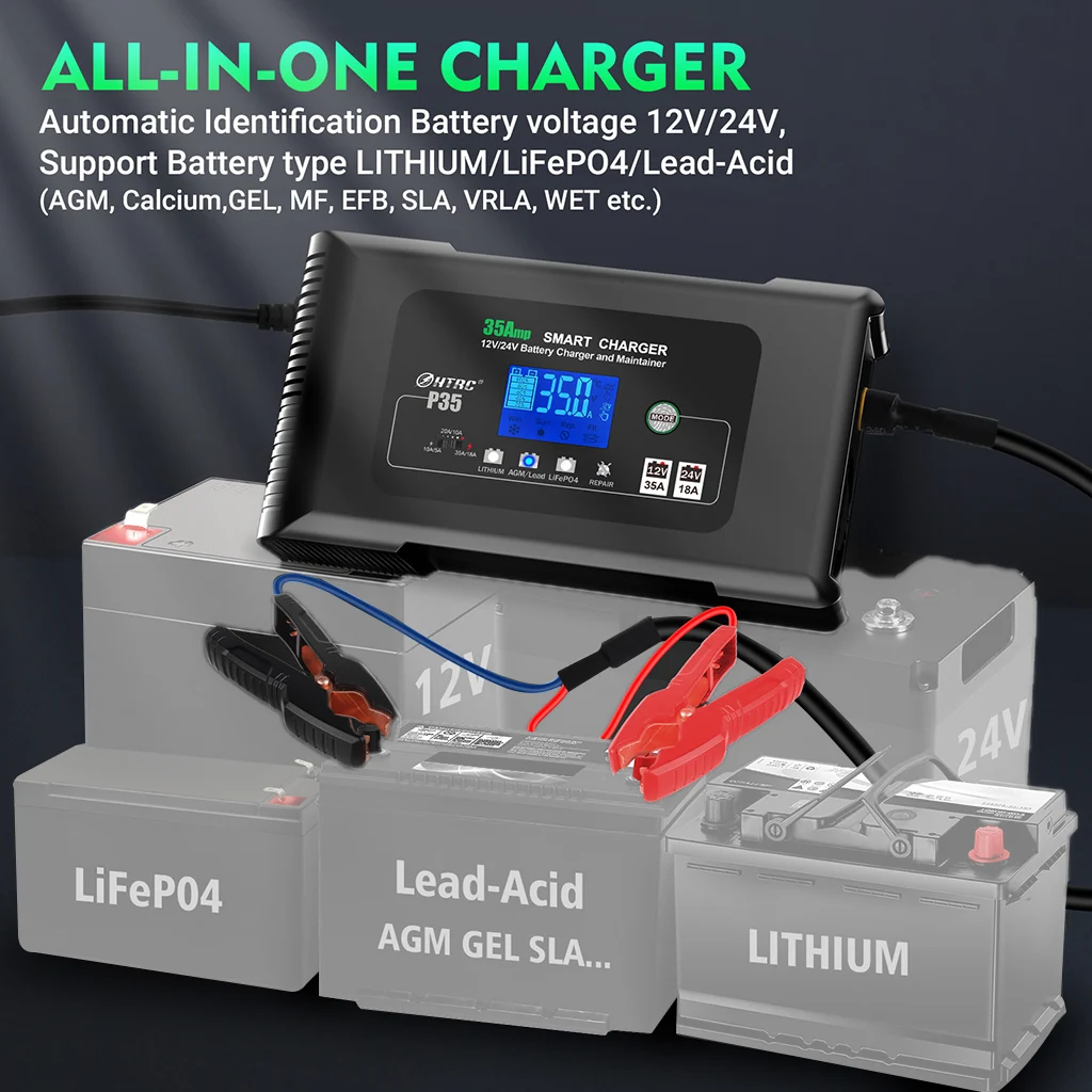 

HTRC P35 35A 12V-24V Smart Battery Charger For Car Motorcycle Battery Repair Auto Moto Lead Acid AGM Lithium LiFePo4 Batteries