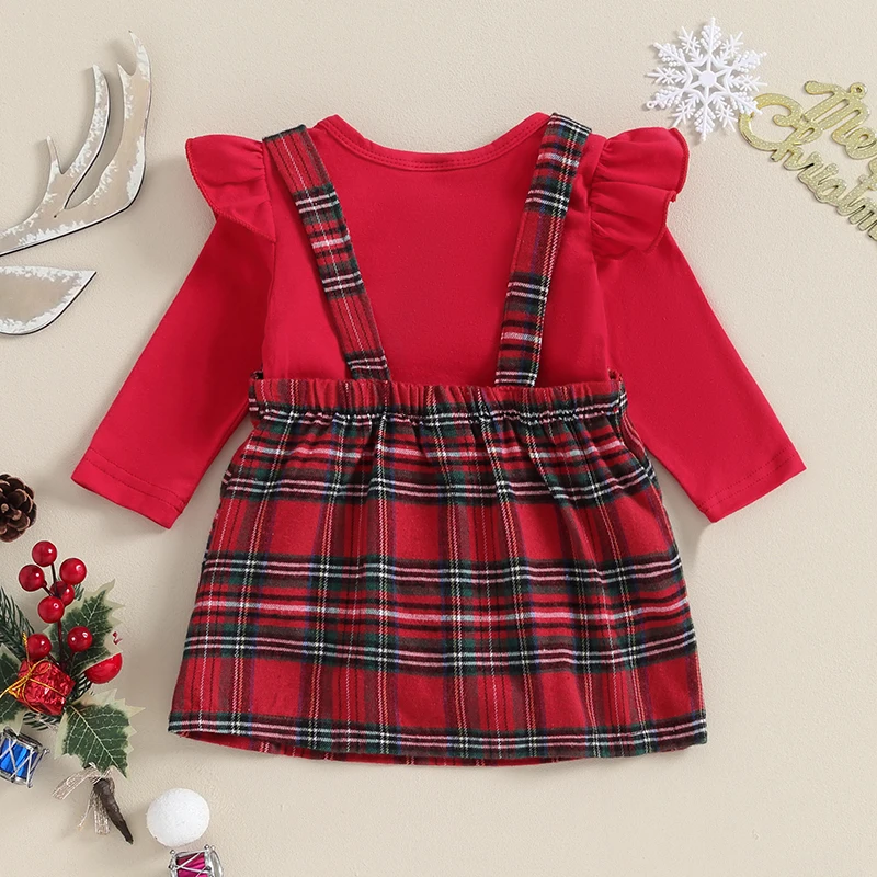 Baby Girl Christmas Outfits Solid Color Long Sleeve Rompers Deer Patch Plaid Suspender Skirts 2Pcs Clothes Set