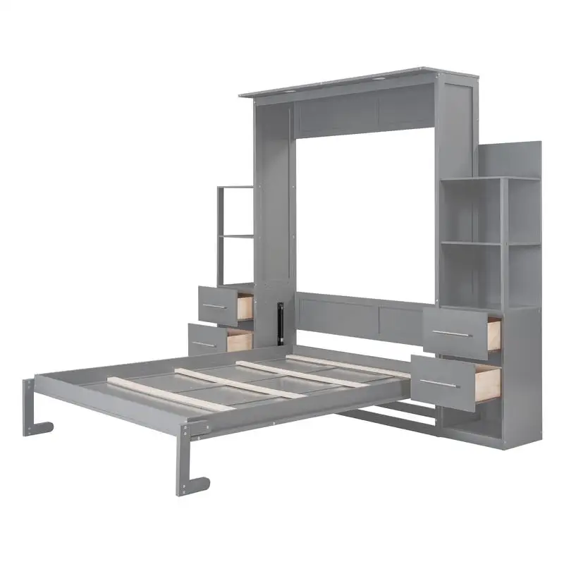 سرير مورفي رمادي بحجم كوين مع أرفف وأدراج وأضواء LED وسرير حائط موفر للمساحة للاستخدام متعدد الوظائف