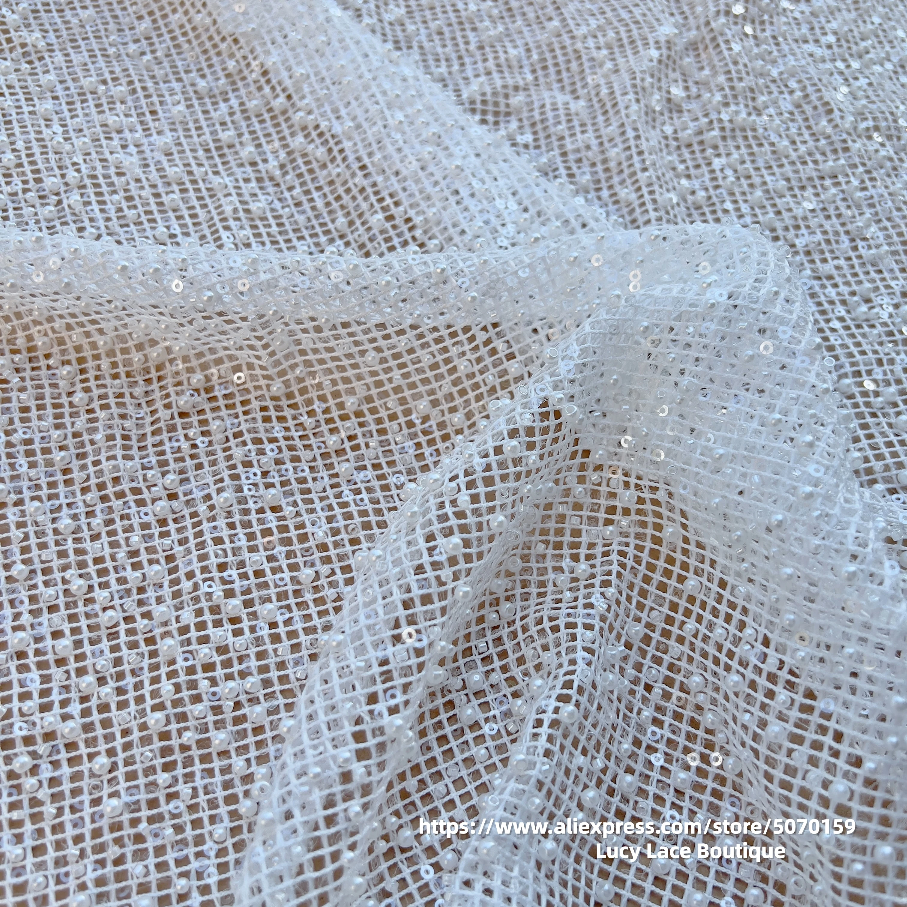 130CM Wide Checkered Pearls Beads Sequins Lace Beaded Heavy Lace Fabric for Wedding Dress High Quality Designer Lace Sewing DIY