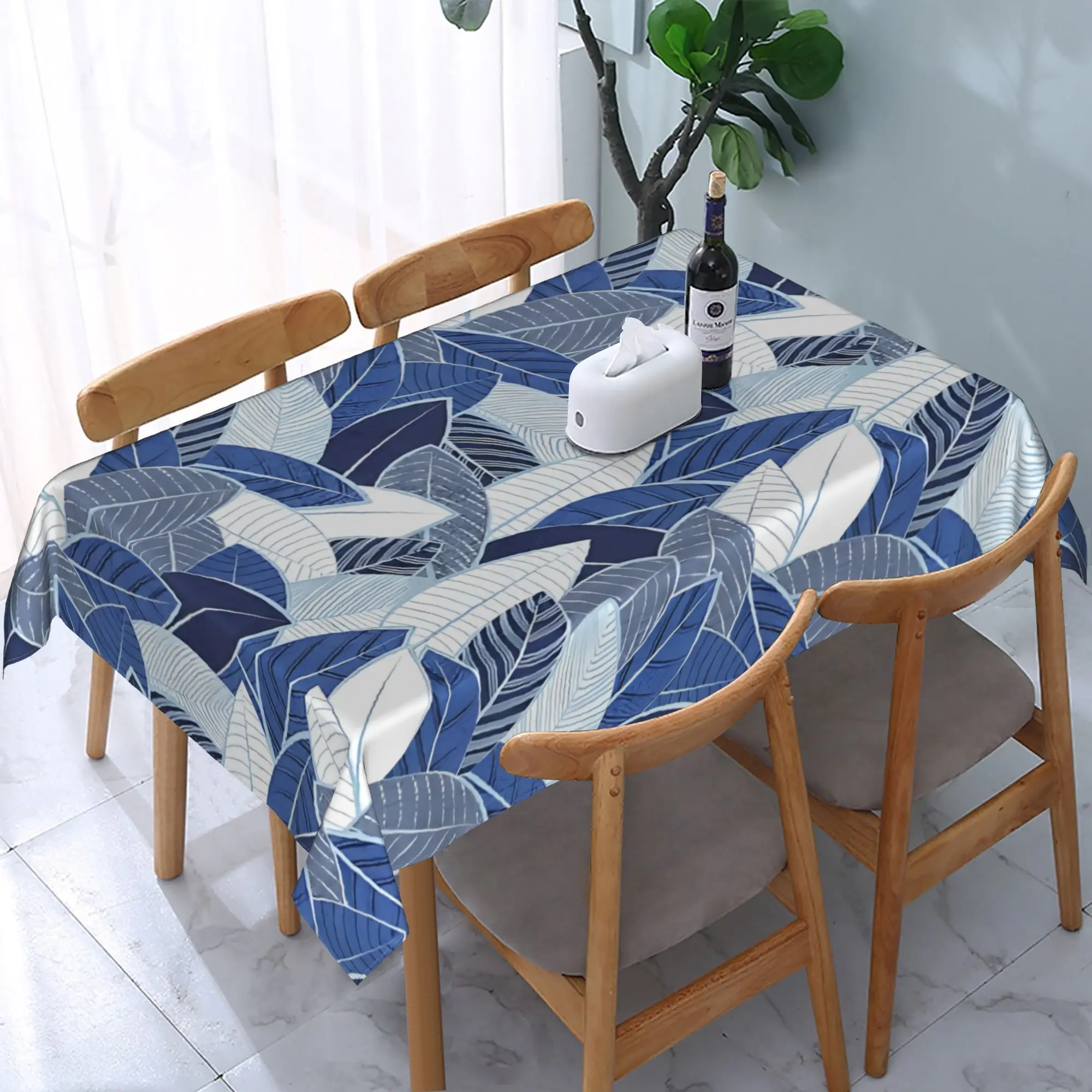 Blue Line Art Leaf Tablecloth, White Base With Abstract Blue Foliage Pattern, Waterproof Table Cover for Party & Daily Use