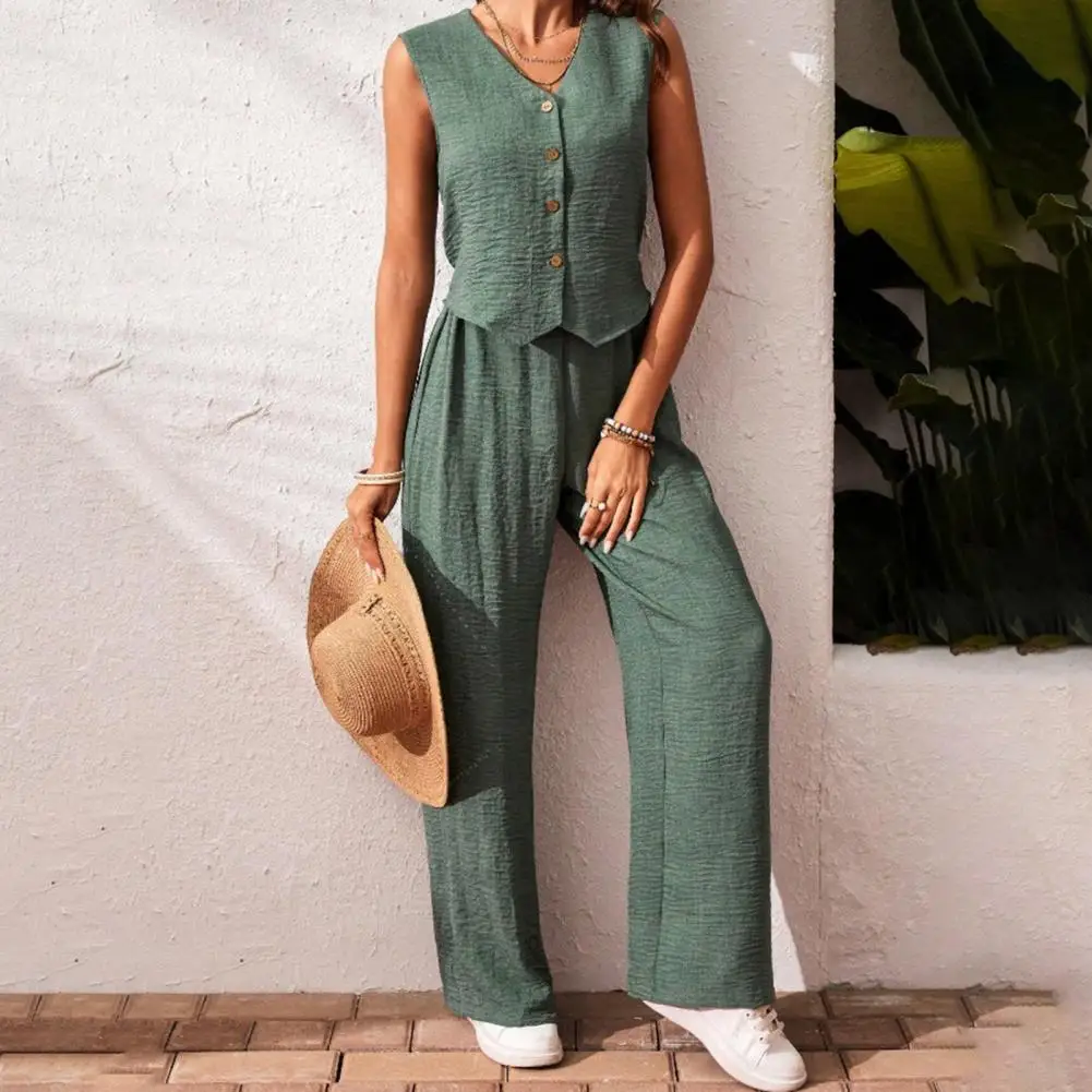 

Women's Summer Two Piece Outfit Sleeveless V Neck Button Down Vest High Waist Wide Leg Pants Set Casual Office Lady Suit