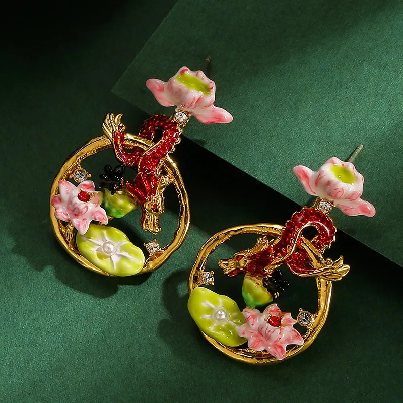 New Original Fashion Hand-painted Enamel Glaze Pink Lotus Leaf Butterfly Red Zodiac Dragon Earrings New Year Chinoiserie Jewelry