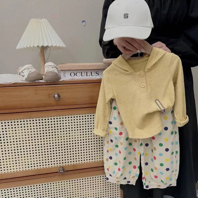Girls' suit pit strip hooded long sleeve T-shirt base shirt autumn new 2025 foreign Korean version of polka dot pants two pieces