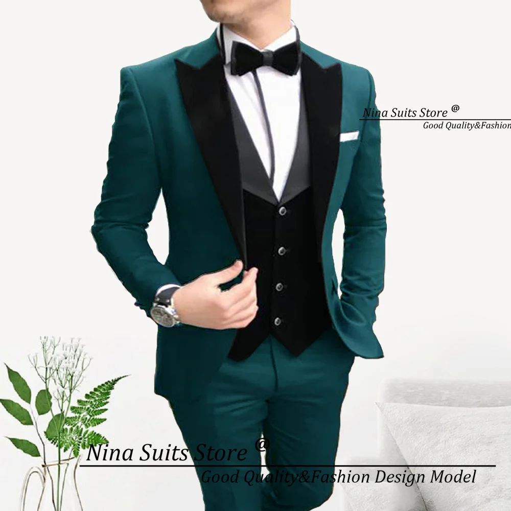 

Nina Store 2024 Winter New Peacock Green Tuxedo For Man Custom Made Black Velvet Lapel Waistcost Casual Pants Groomsmen Costume