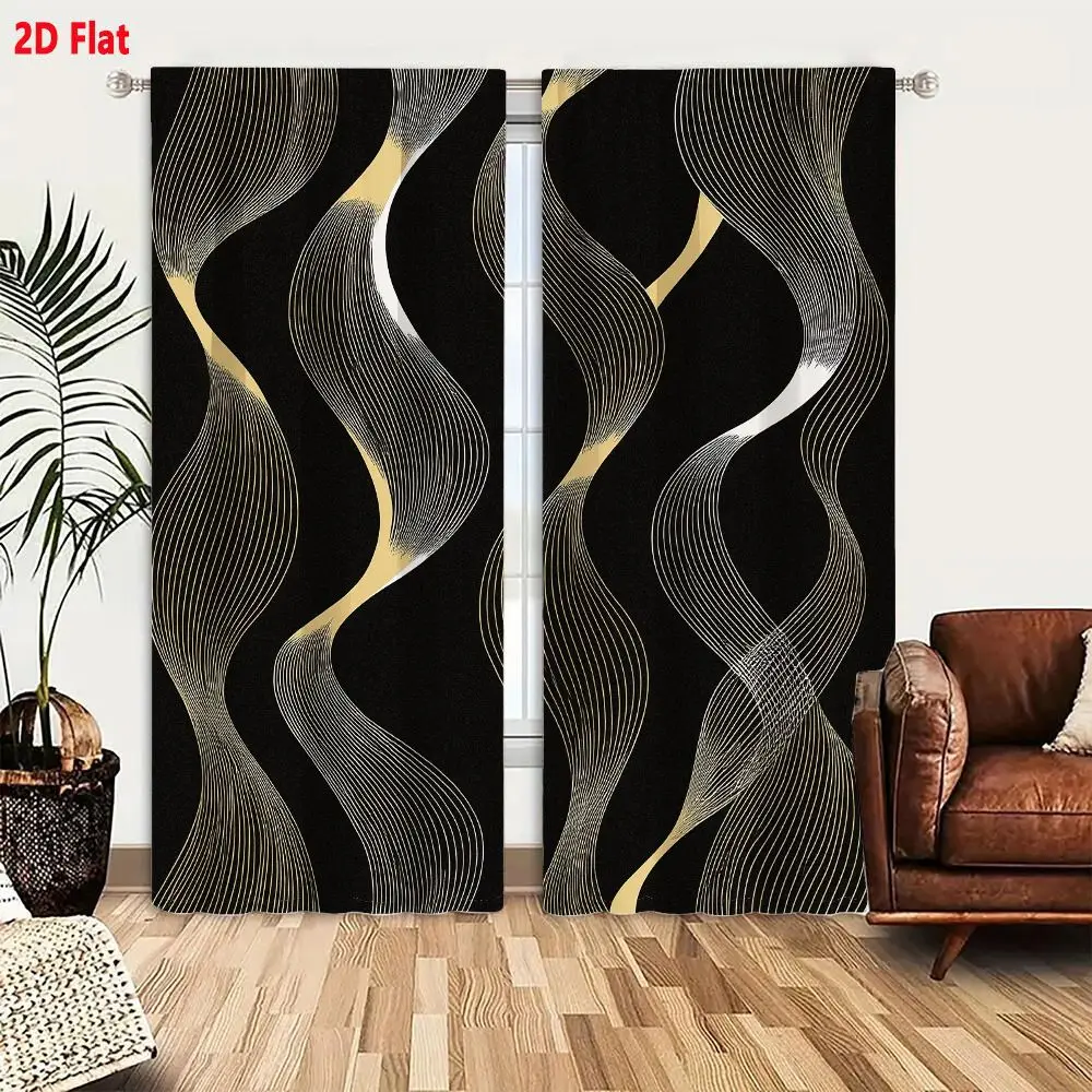 2Pcs Curtains 2D Flat Abstract Seamless Pattern Wavy Vertical Forms Black Background Metallic Golden Bronze Lines Elegant Modern