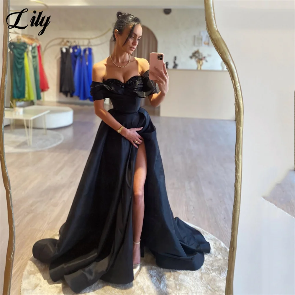 Lily Black Prom Gown Off The Shoulder Prom Dress Sweetheart A-Line Satin Party Dresses with Pleats Side Split 프롬 드레스 Customized