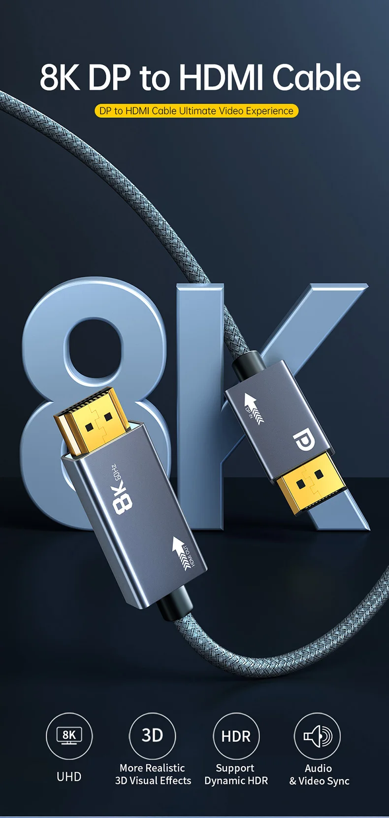DisplayPort-zu-HDMI-Kabel 8K, VRR 4K@240Hz 2K@480Hz Aktives DP1.4-Quellkabel zu HDMI2.1-Displaykabel für Monitore von AMD, NVIDIA, Dell – Detail 2