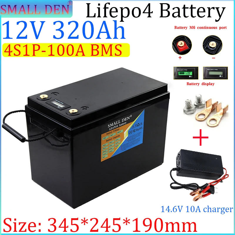 

12V 320Ah LiFePO4 battery built-in BMS with LED 12.8V suitable for RV and yacht portable solar rechargeable battery+charger