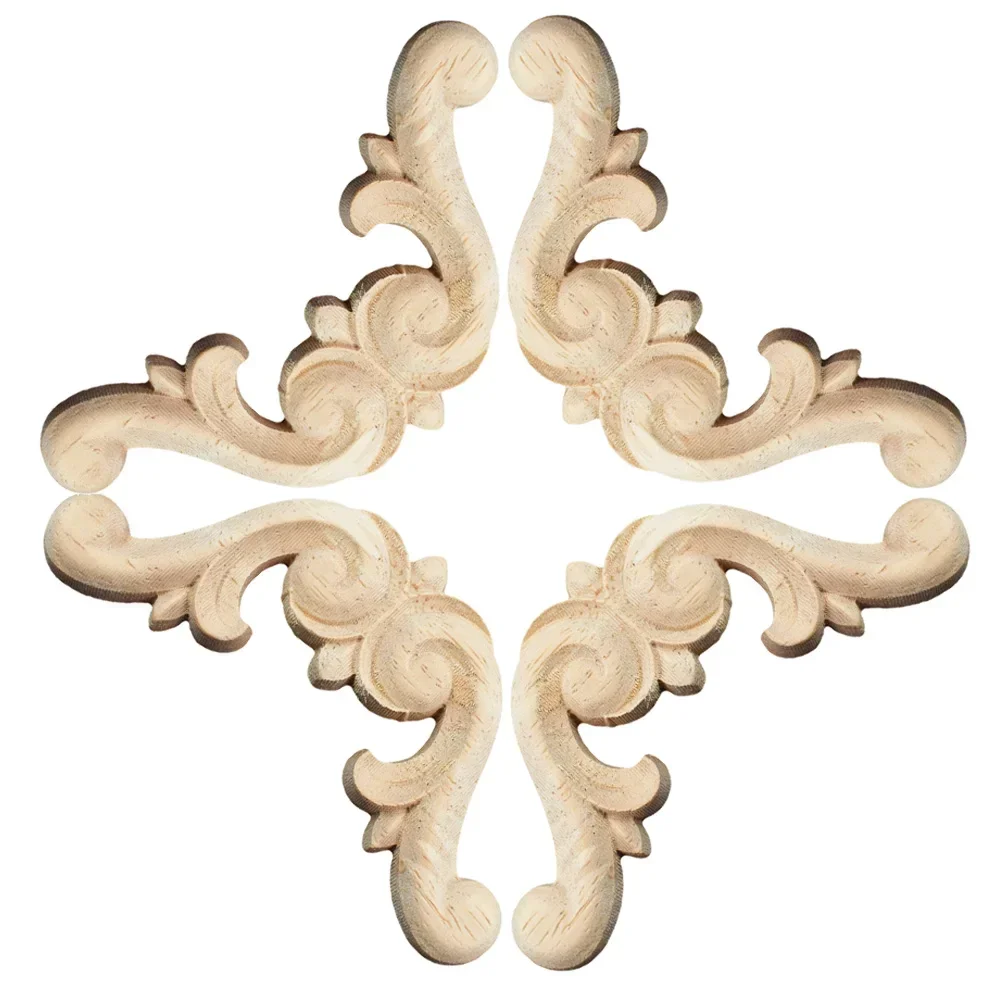 4PCS Decoration Accessories Solid Wood Applique Carved Mouldings Woodcarving Furniture Vintage Home Horn Flower NEW Carving
