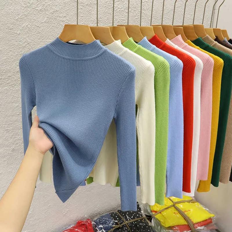 

Sueter Feminino Long Sleeve Knitted Sweater Women Pullovers Fashion Mock Neck Knit Sweater Pullover Women Tops Sweaters Q1038