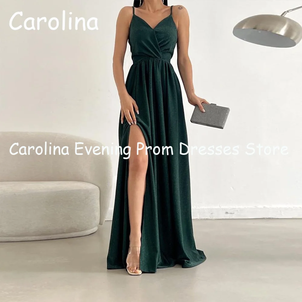 Carolina Satin A-line V-neck Ruffle Arab Prom Gown Floor Length Saudi Evening Formal Elegant Party Dress for Women 2023