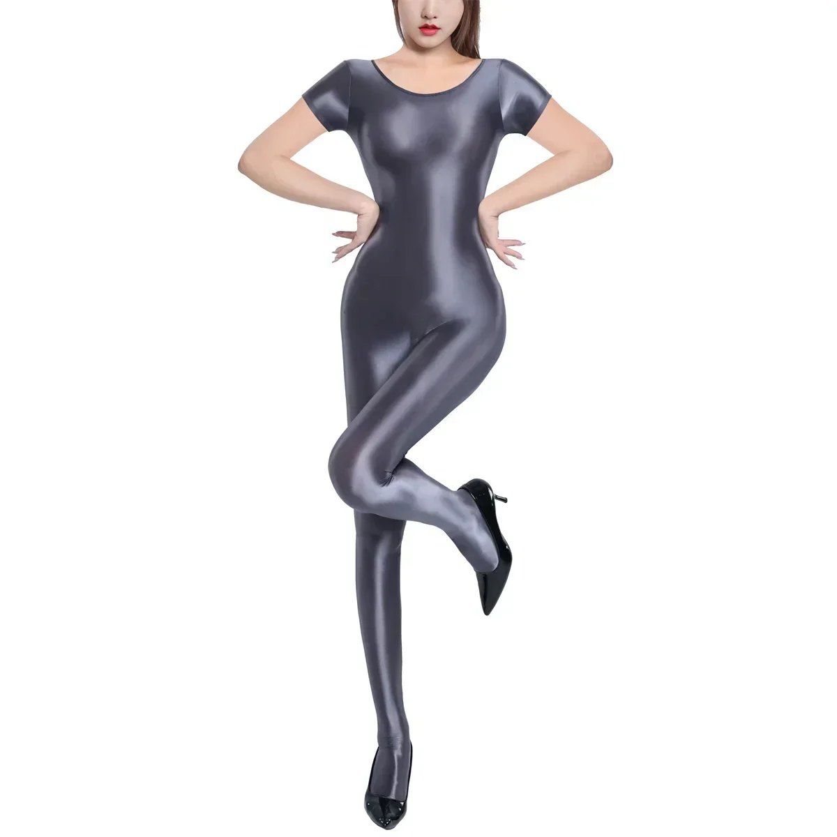 بدلة بيجامات نسائية مثيرة من قطعة واحدة بلون سادة ملابس داخلية شفافة بأكمام قصيرة بدلة قطط لامعة وناعمة لليوجا واللياقة البدنية #3