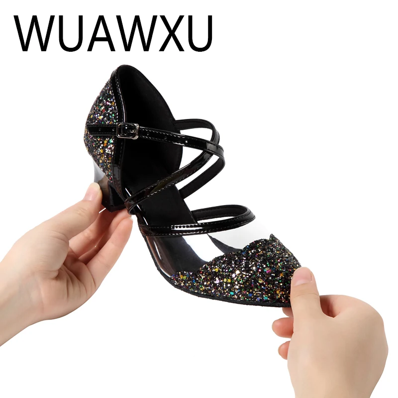 WUAWXU zapatos de baile latino para mujer, zapatos de baile estándar nacional, zapatos de baile cuadrados para fiesta, tela flash en blanco y negro,