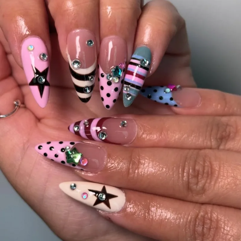 24PCS Y2k Pink Long Stiletto Press on Nails Black Striped Polka Dot Star Pattern French Fake Nails with Rhinestone Acrylic Nails