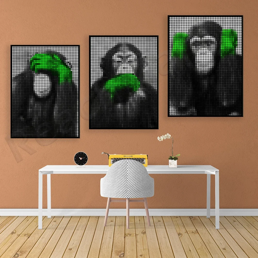 3 Wise Monkeys Green Hands Animal Art Print, Decorative Animal Wall Art Canvas Print Poster,
