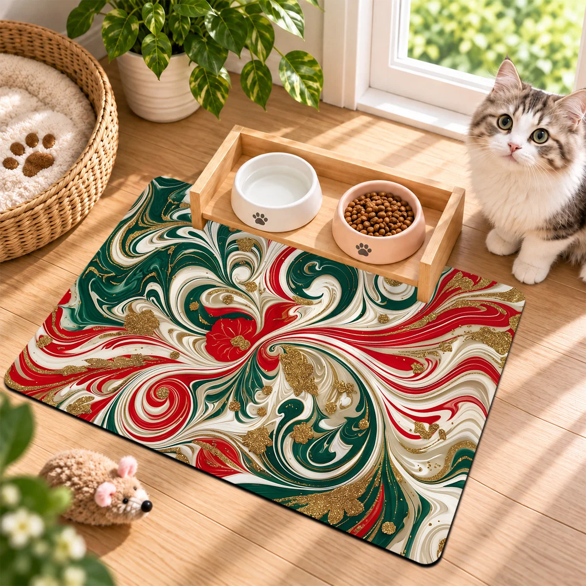 Christmas Swirl Marble Print Pet Feeding Mat, Stylish Decor Pet Bowl Placemat for Indoor Pet Feeding Spot