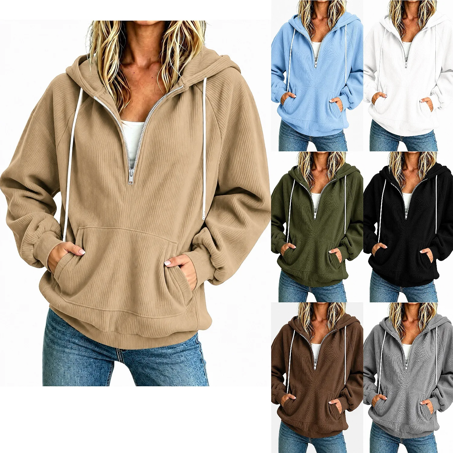 Women's Hooded Sweatshirt Half Zip Drawstring Long Sleeve Zip Up Hoodie With Front Pocket Commute Daily Wear Solid Color Jacket