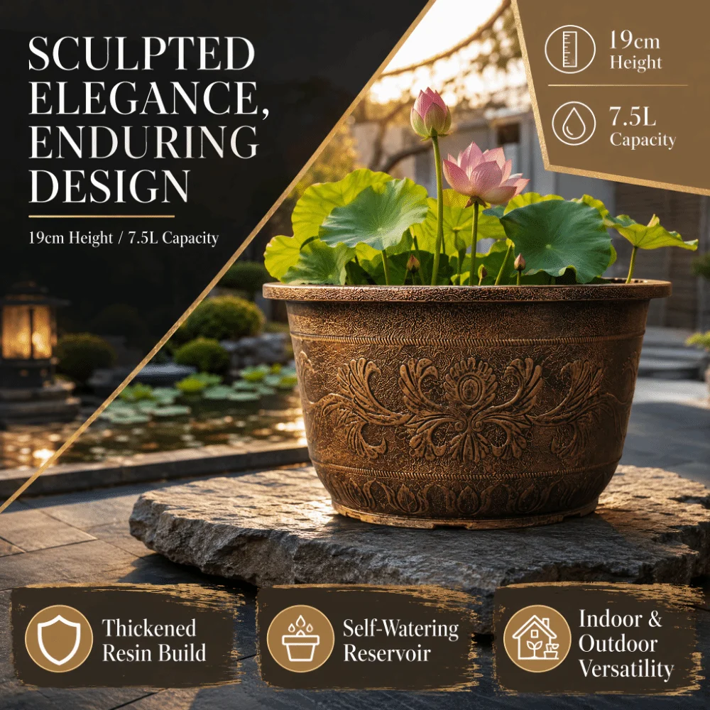 Resin Lotus Planter Pot 7.5L Capacity 19cm Height Water Reservoir Planter Large Copper Bronze Retro Flower Pot Outdoor Use
