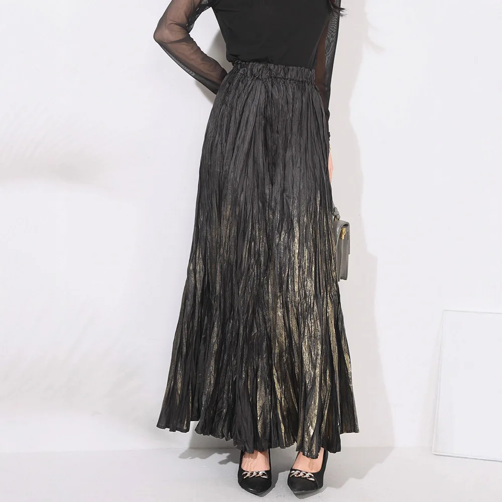 Miyake 2025 تنورة برونزية مطوية للنساء عالية الخصر رقيقة يتأرجح تنورة طويلة مطوي مرونة الخصر يتأرجح مظلة تنورة