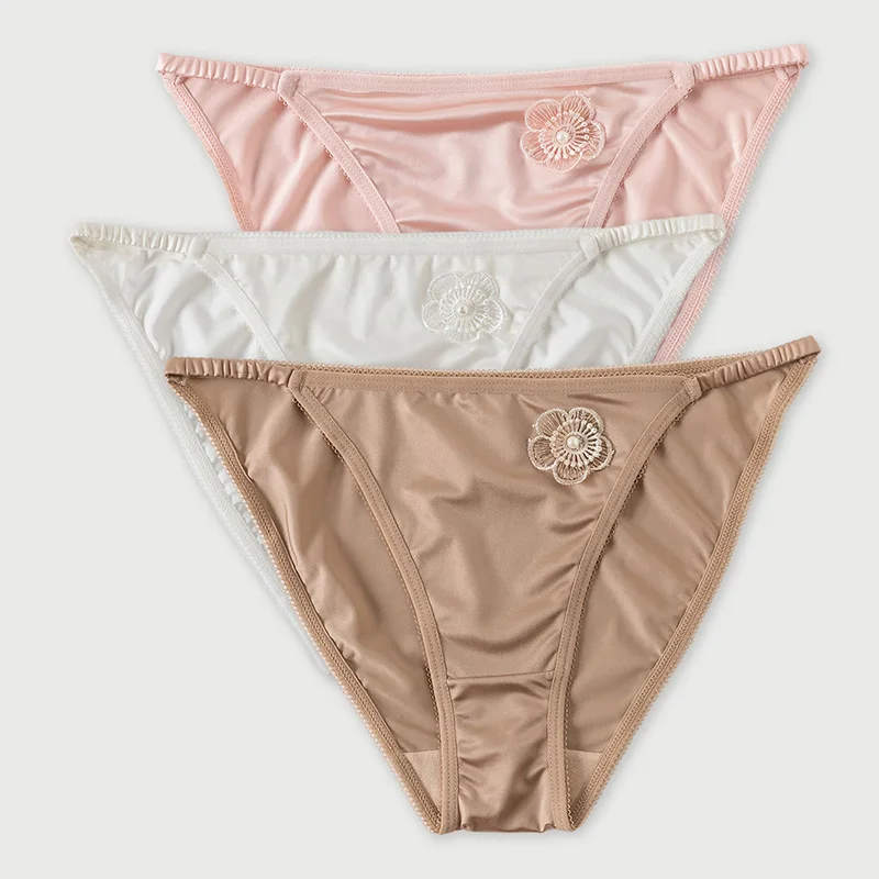 InjPanties-Culotte d'Été en Satin pour Femme, Sous-vêtement Sexy en Dentelle Ultra-mince, Basse, Transparente, Sans Couture, Fleurs de Perles 3D, Lingerie