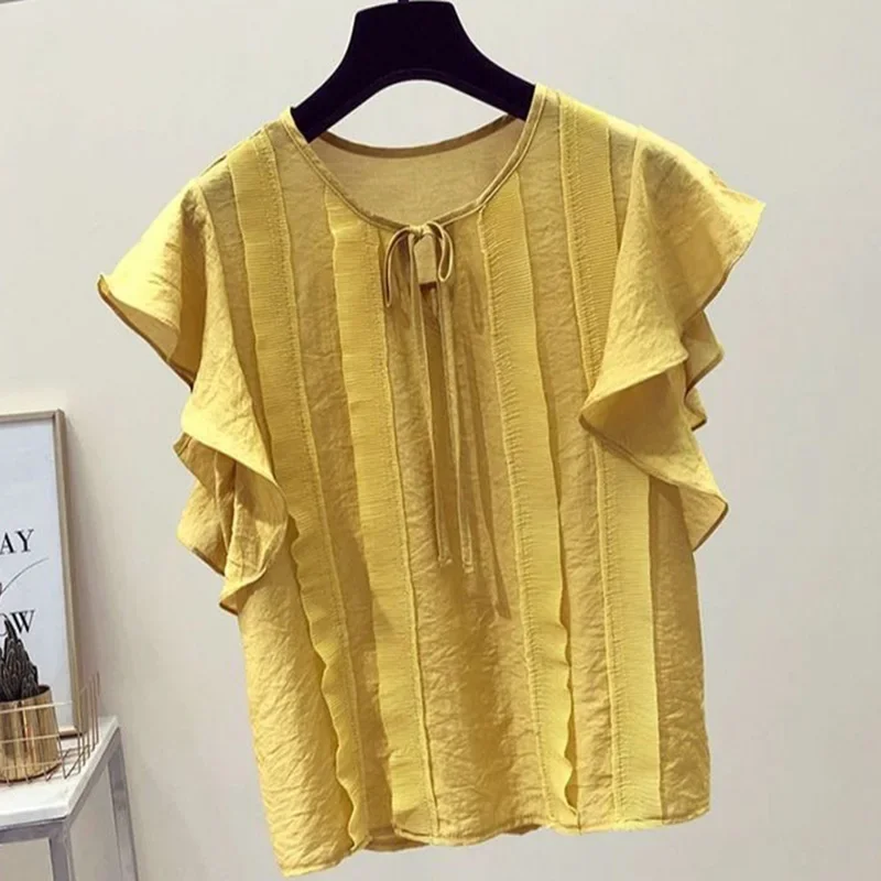 Elegante camicetta in chiffon con volant e fiocco con lacci allentati Abbigliamento donna Estate Nuovi pullover casual Camicia da donna da ufficio tinta unita