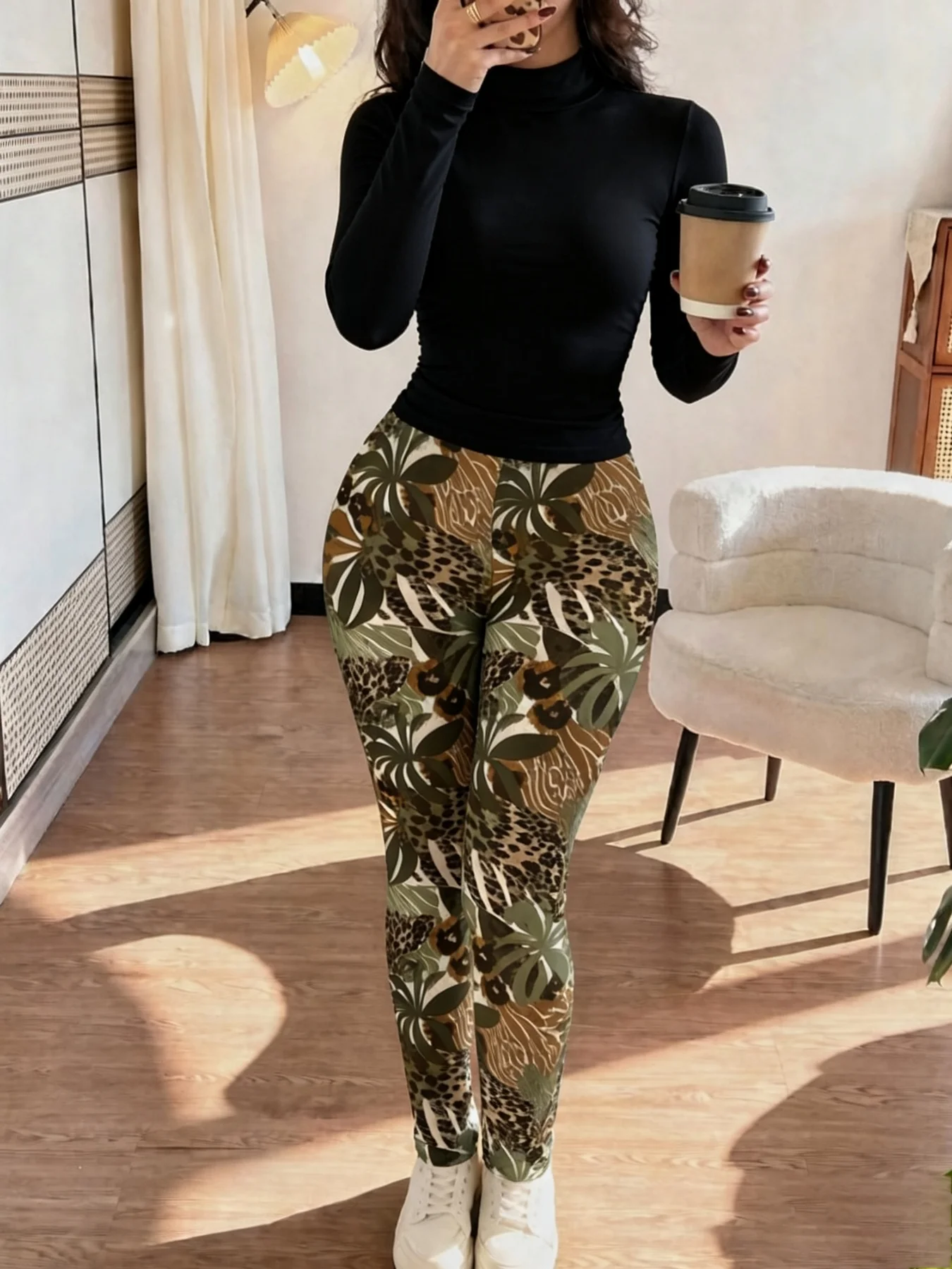 Women's High Neck Solid Color Waist Cinched Long Sleeve T-Shirt Top with Elastic Waist Geometric Pattern Long Pants Suit Set