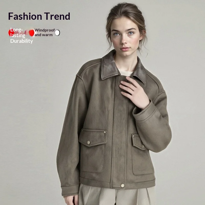 Autumn Women's grey Suede Short Jacket Loose Lapel Zipper Long Sleeve Bomber Coat Female 2025 New Lady High Street Outwears