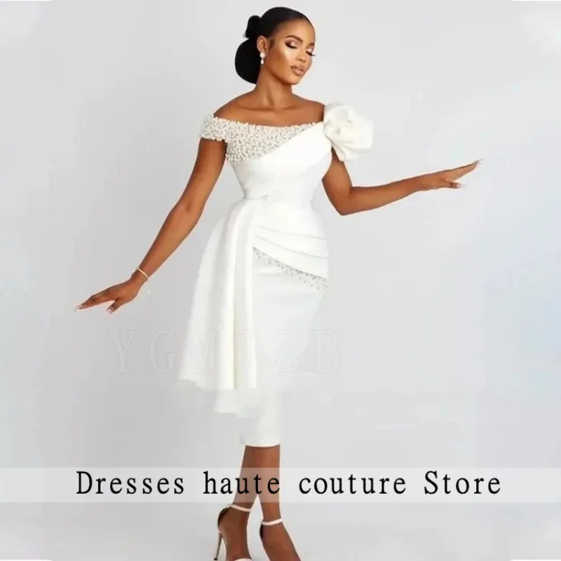 

Short Wedding Dresses 2025 for Brides Pearls Beaded Off Shoulder Knee Slength African Bridal Gown Vestido De Noiva Customized