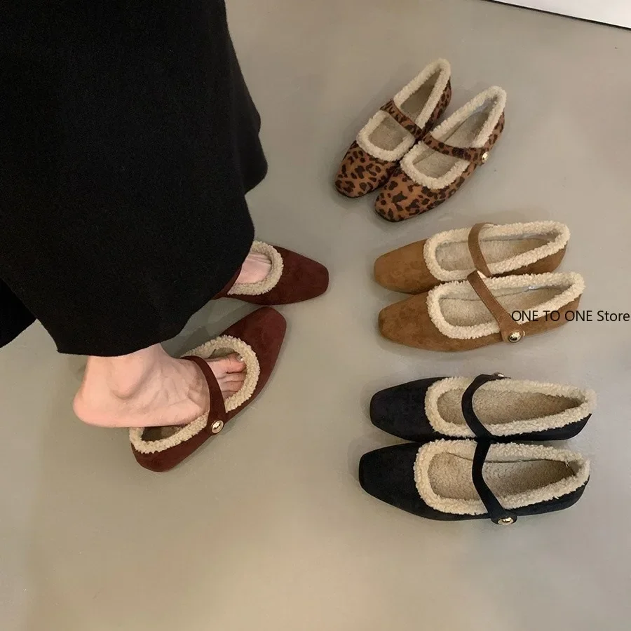 Square Toe Cosy Lambs Wool Ballet Flats Woman Warm Teddy Fur Mary Jane Shoes Ladies Design Leopard Elegant Fluffy Plush Loafers