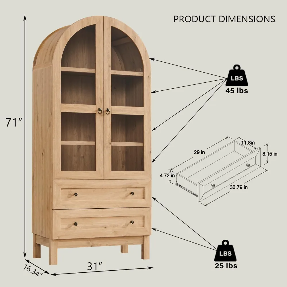 71" Tall Arched Kitchen Pantry, Modern Farmhouse Wood Kitchen Storage Cabinets with 2 Large Drawers and Adjustable Shelves, Vers image 2