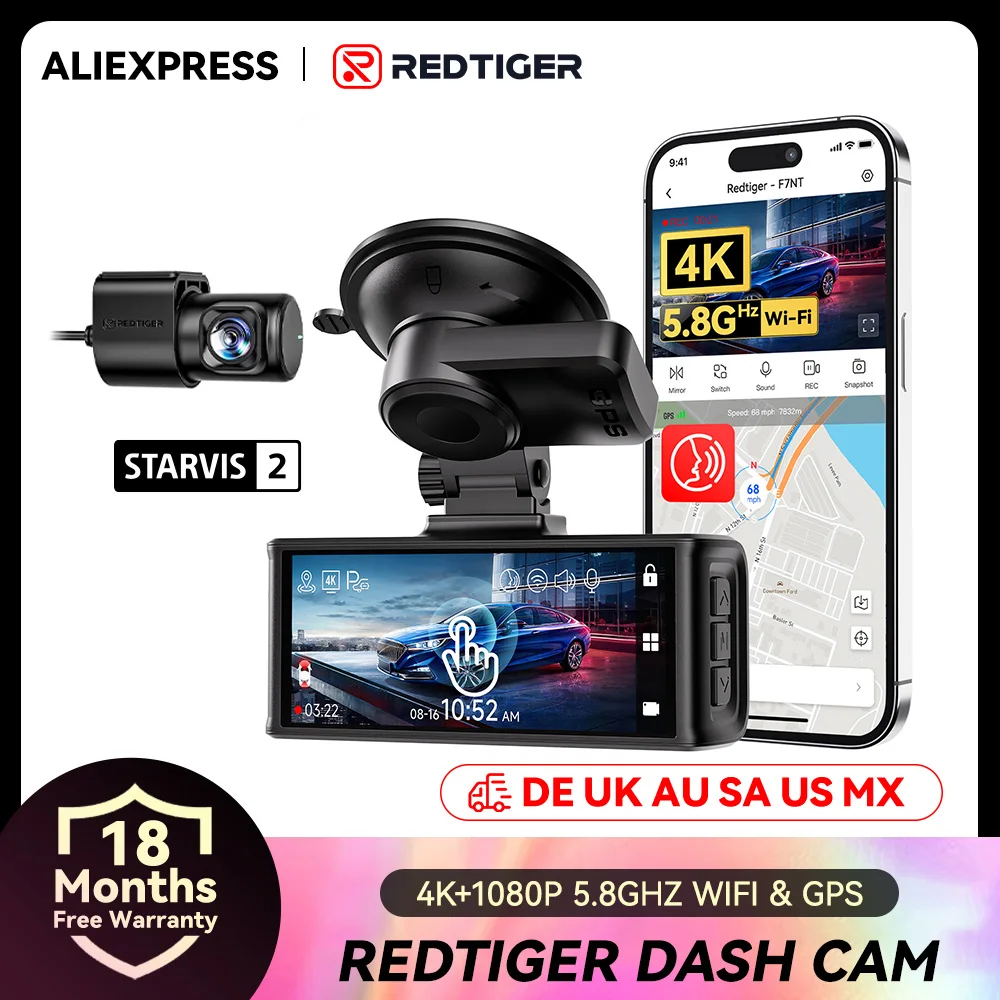 Cámara para coche REDTIGER F7N TOUCH 4K Dash Cam Starvis 2 IMX675 5.8Ghz WIFI con visión nocturna WDR desde la parte delantera y trasera.