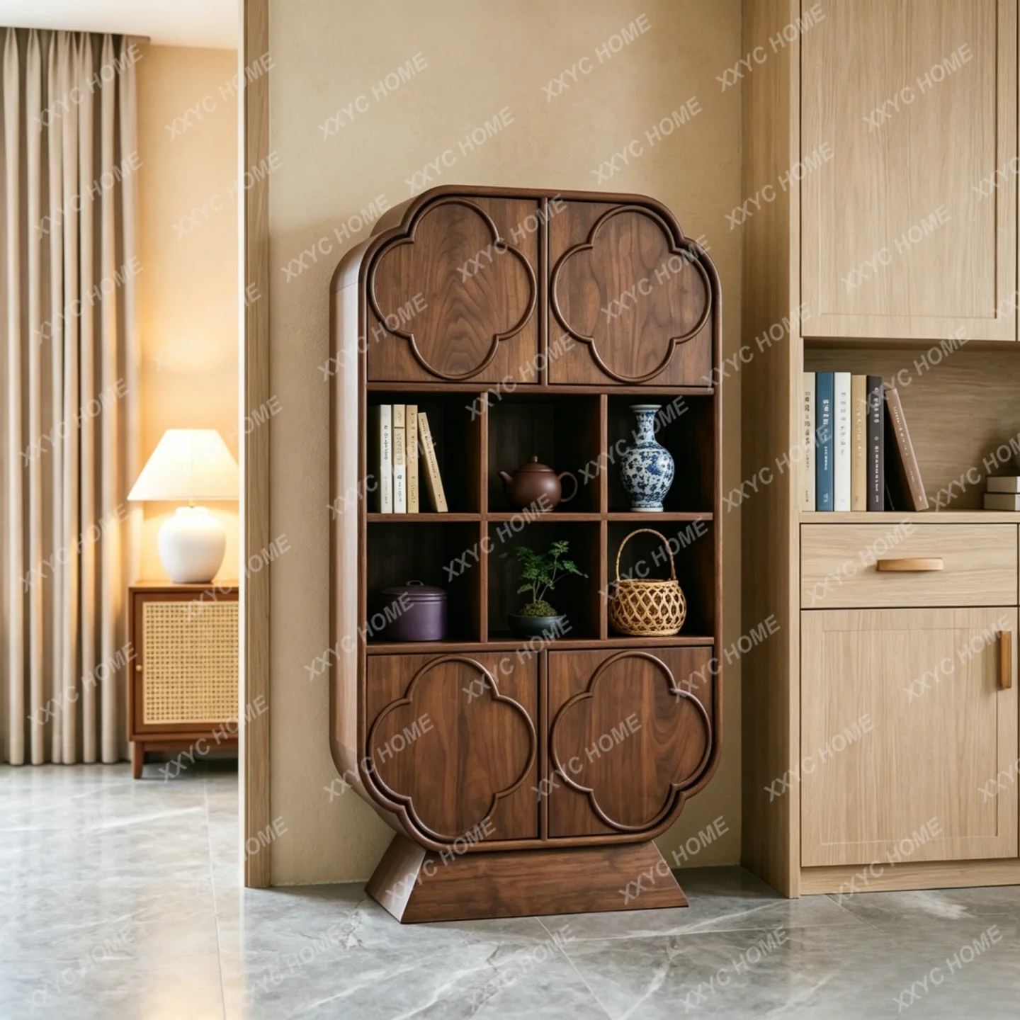 

New Chinese solid wood Bogu frame wabi-sandy wind ornament study tenon and mortise structure display cabinet