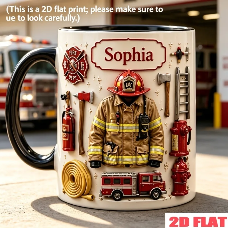 Personalized Firefighter Ceramic Coffee Mug,2D Flat Print Fireman Themed Cup Custom Name Gift for Firefighter