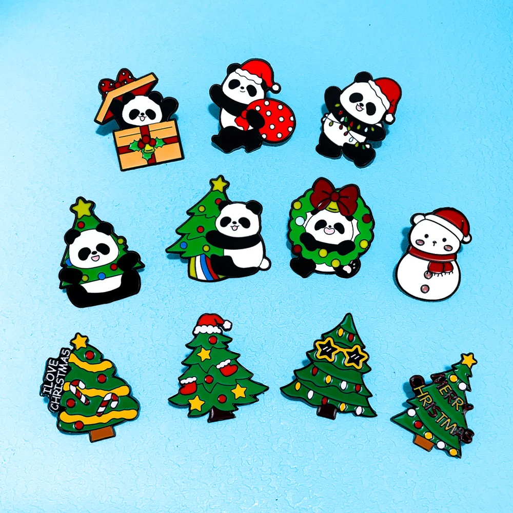 AniPins Cute Christmas Tree Panda Pins For Women's Clothes Backpack 11-design Metal Enamel Animal Plants Lapel Gifts