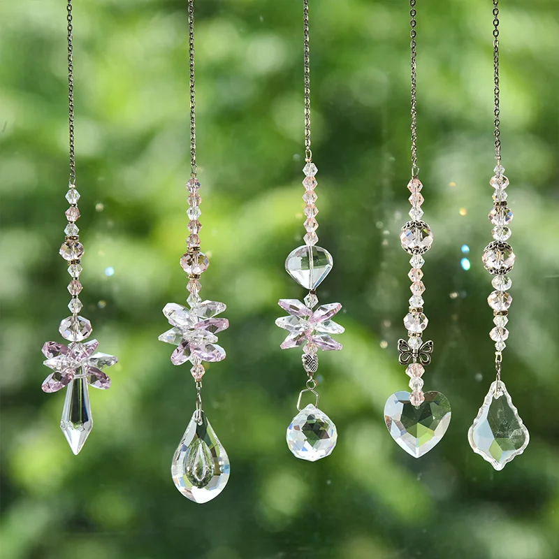 5 Pack Amethyst/Pink Crystal Hanging Wind Chime Ornaments Sun Catcher Pendant Rainbow Maker for Window, Home Garden Lights, Car,