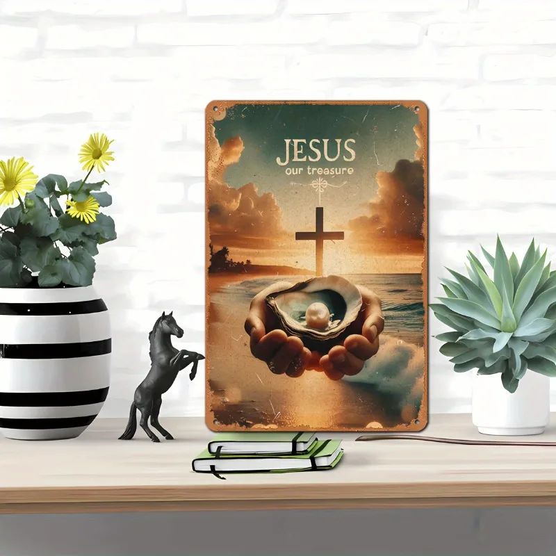 Jesus, Our Treasure, Vintage Aluminum Sign with Shell and Pearl Design,  Waterproof, Pre-Drilled, Religious Wall Art for Home