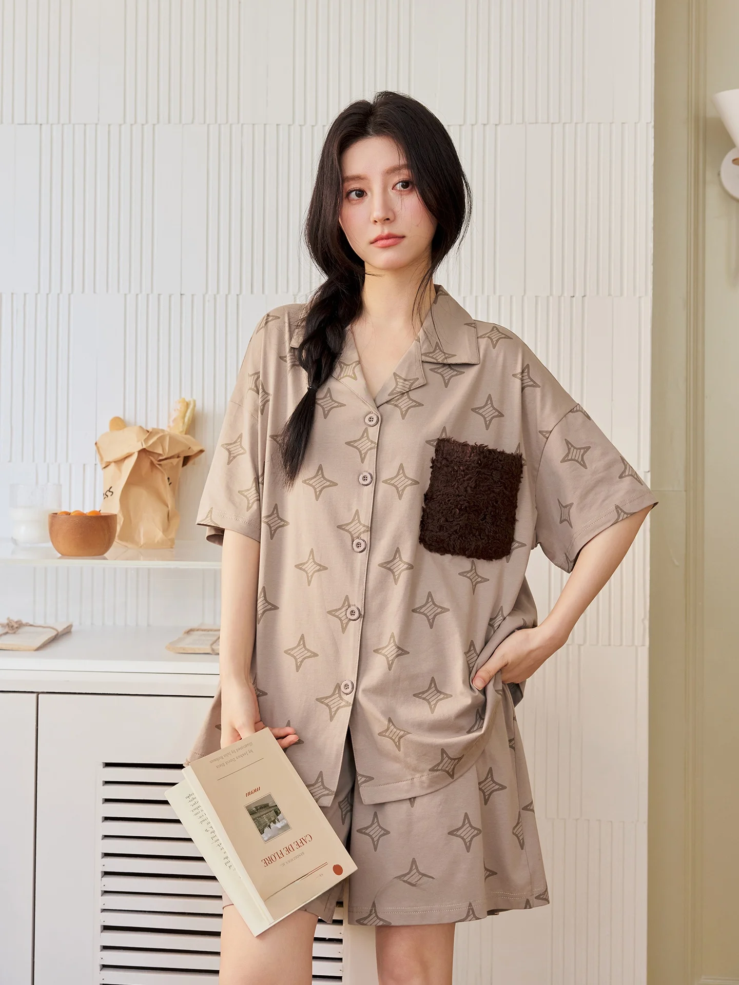 khaki-cotton-sleepwear-women's-loose-fit-short-sleeve-home-clothes-set-simple-design-suitable-for-outdoor-wear-summer-comfort