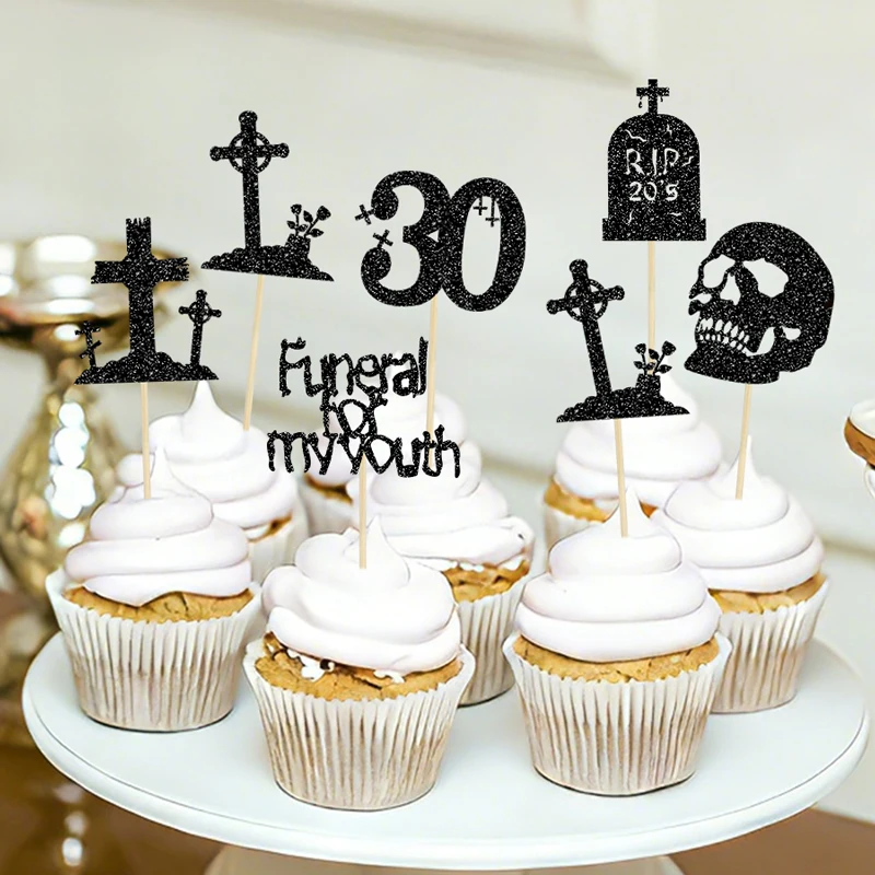 YOMDID 24 Stück Death To My 20S Kuchendekorationen, RIP 30. Geburtstag Cupcake-Topper, Gothic Geburtstags-Cupcake-Einstecker