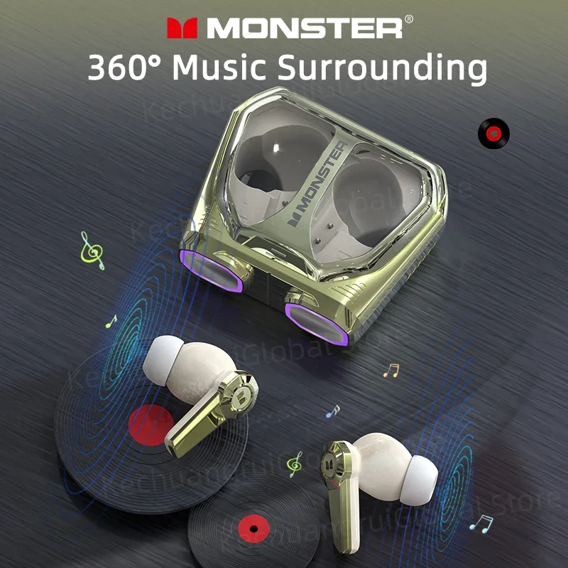 Monster XKT32 Wireless Bluetooth 5.4 Earphones TWS Gaming Earbuds Capsule LED RGB Flip Cover Design Hifi Headset Long standby